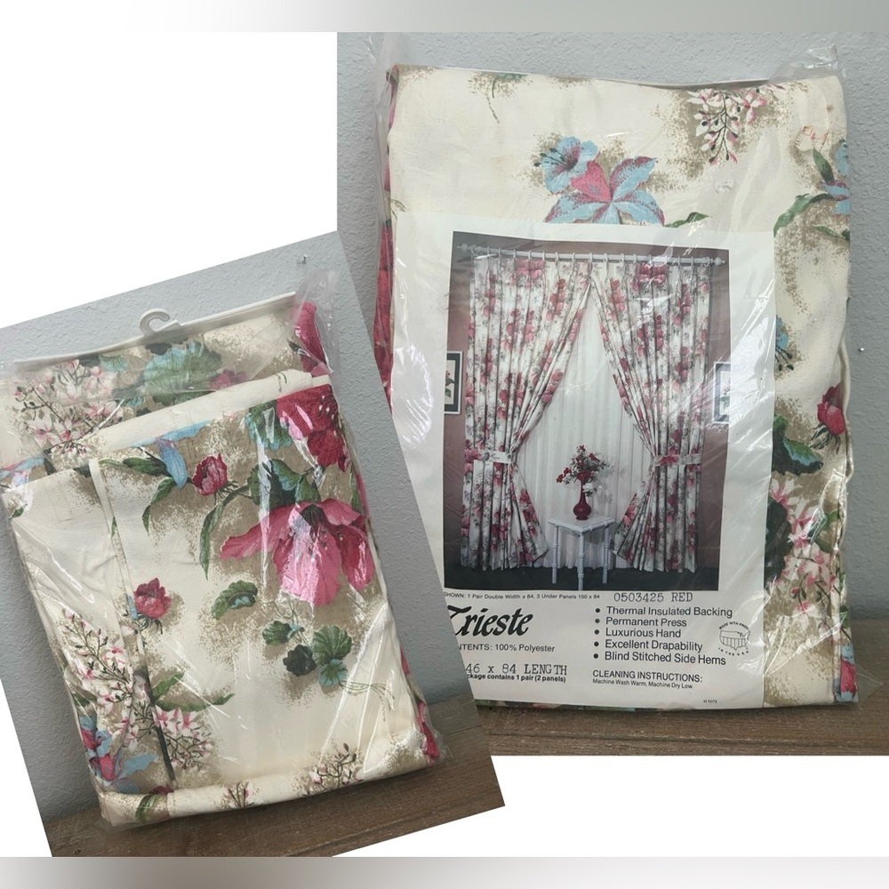 Trieste 1 Pair Curtain Panels Ivory w/ Floral Print Tie Back Thermal 46x84” NOS